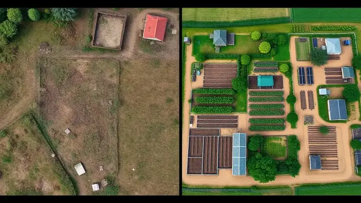 Comparação entre um terreno rural sem planejamento e o mesmo terreno organizado e produtivo